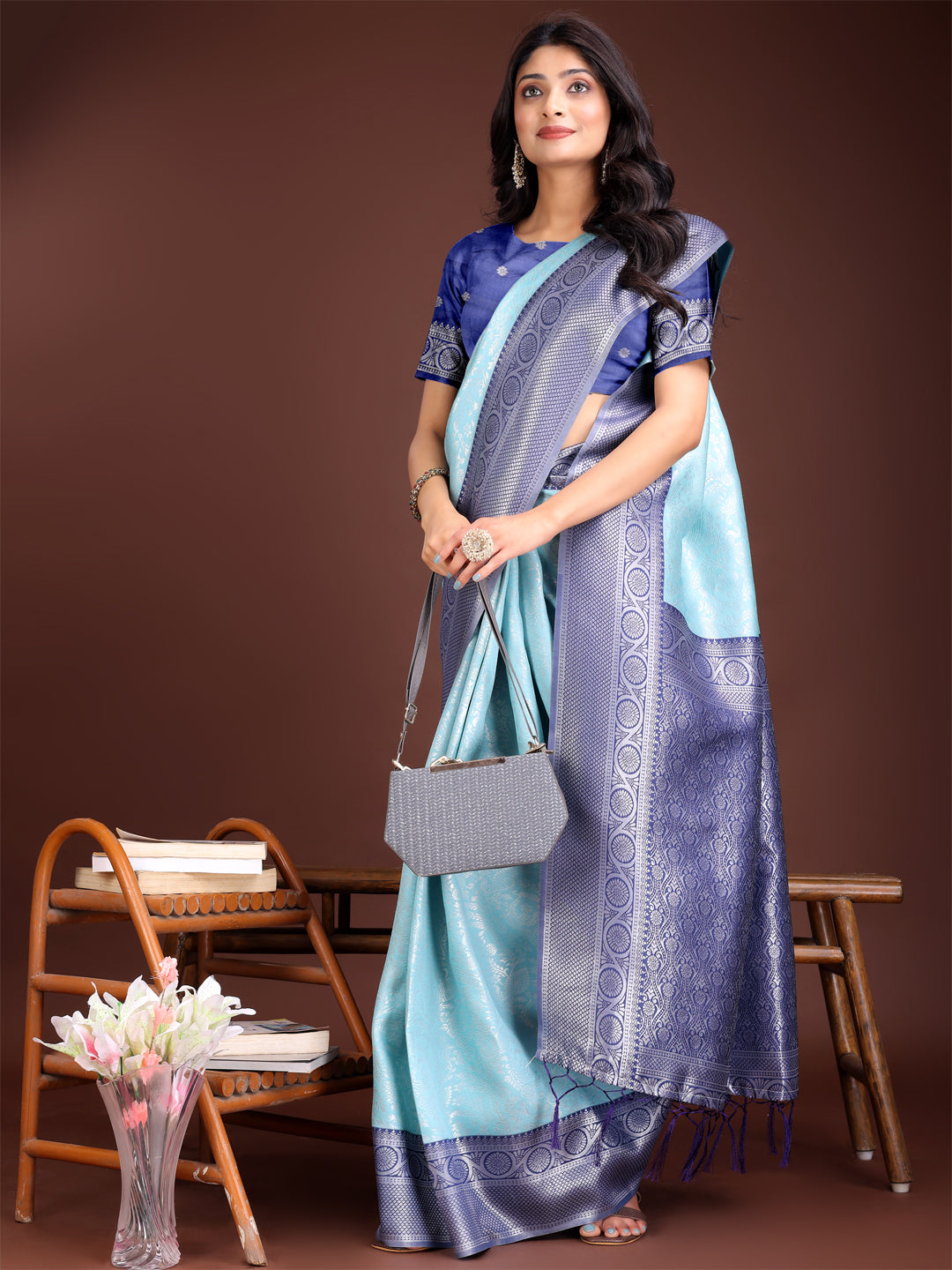 Teal and Blue Banarasi Silk Saree with Rich Zari Border