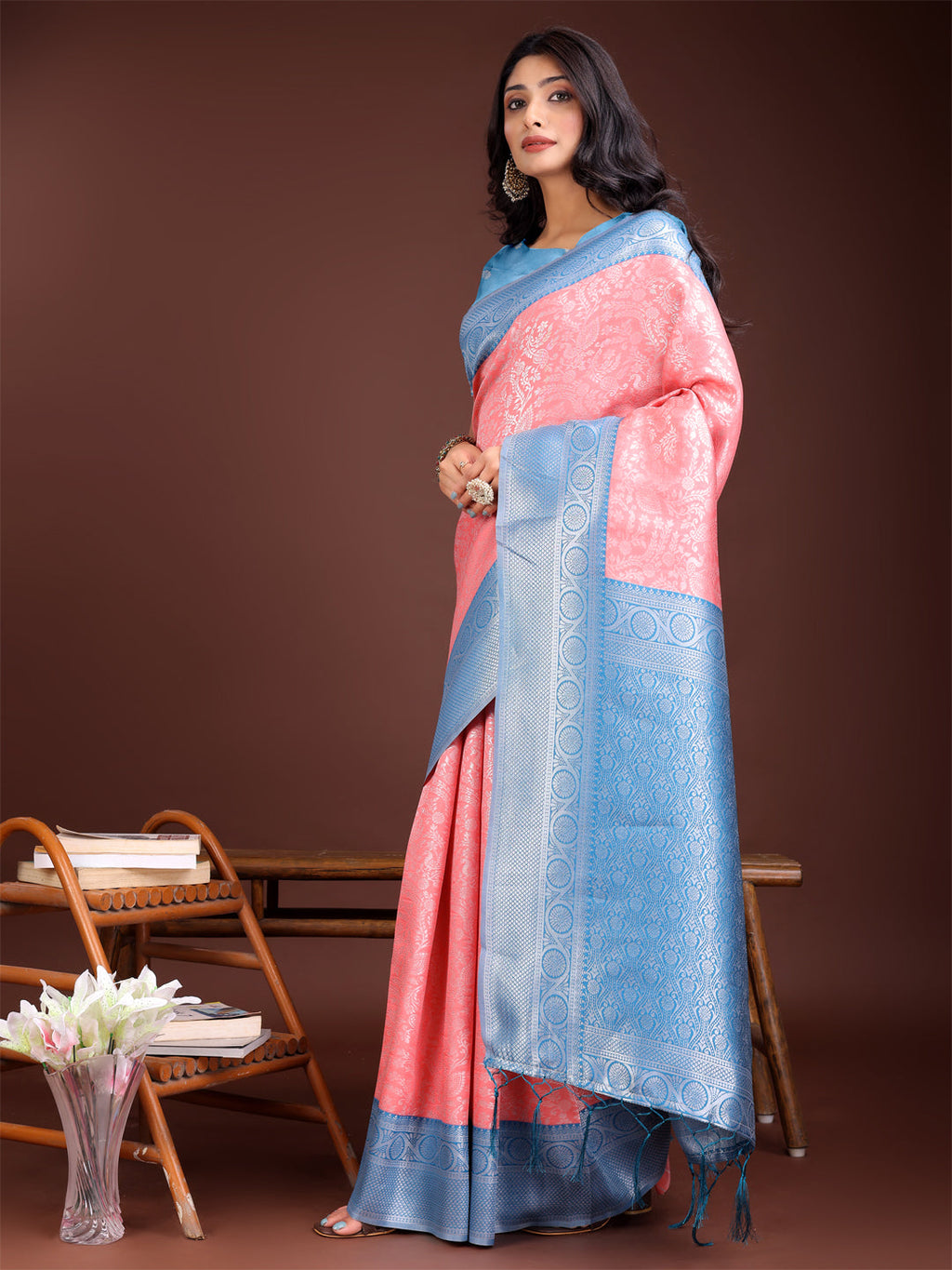Peach & Blue Banarasi Silk Saree with Rich Zari Woven Border