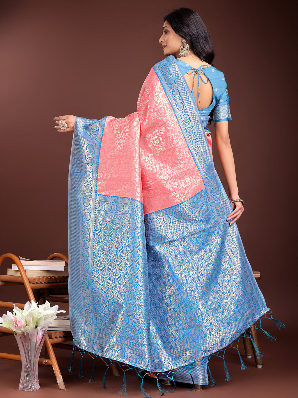 Peach & Blue Banarasi Silk Saree with Rich Zari Woven Border