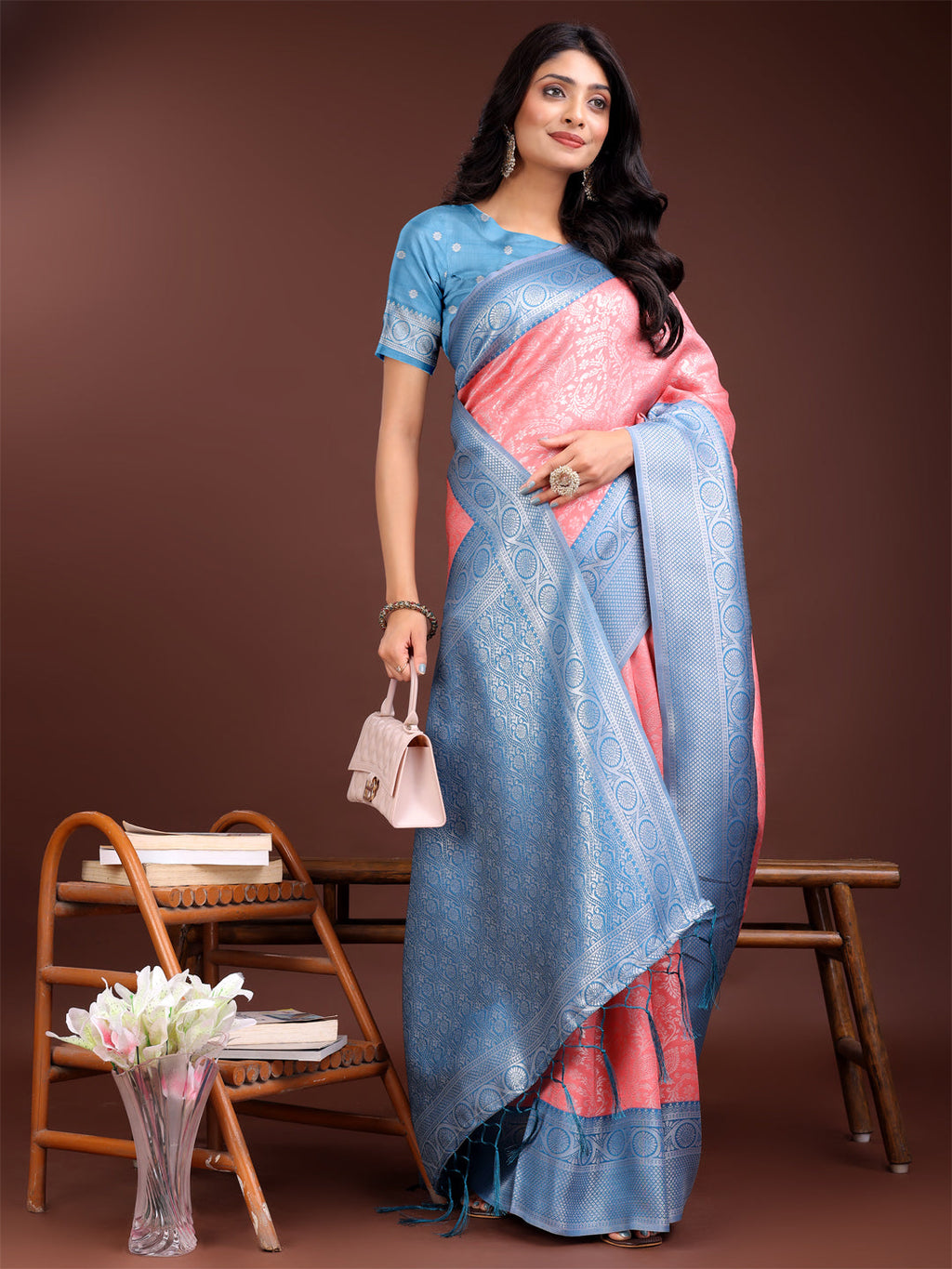 Peach & Blue Banarasi Silk Saree with Rich Zari Woven Border