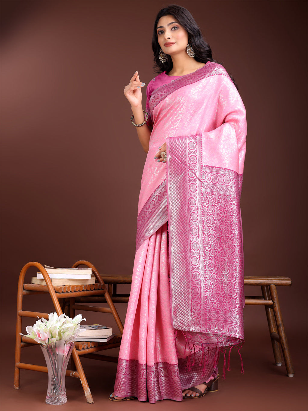 Light Pink and Pink Banarasi Silk Saree with Zari Border