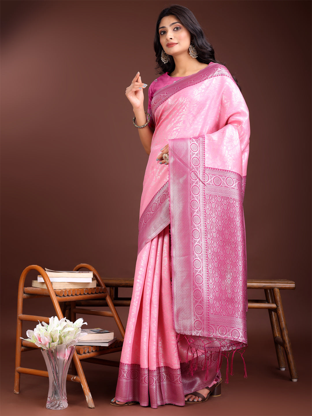 Light Pink and Pink Banarasi Silk Saree with Zari Border