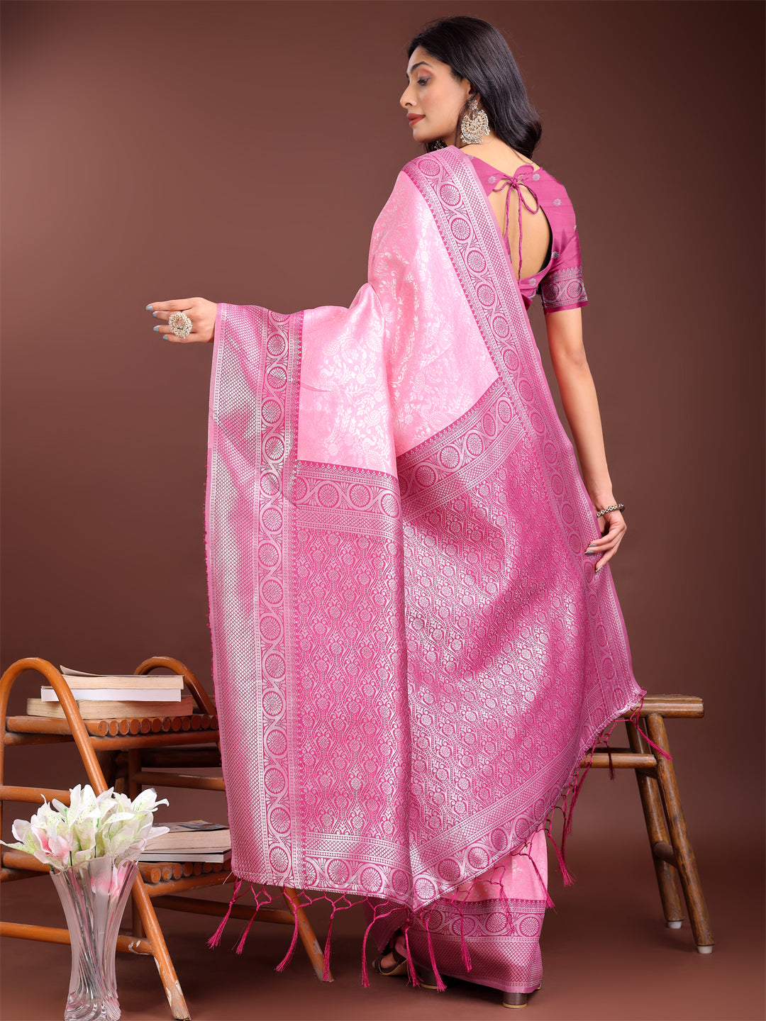 Light Pink and Pink Banarasi Silk Saree with Zari Border