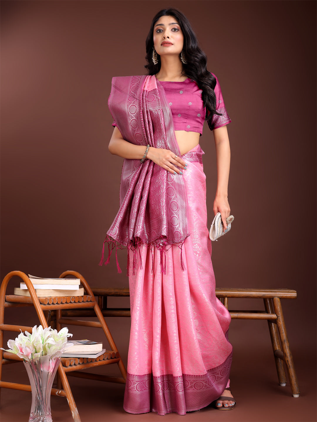 Light Pink and Pink Banarasi Silk Saree with Zari Border