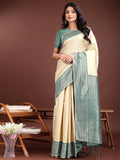 Cream and green Banarasi silk saree with detailed rich zari border work.