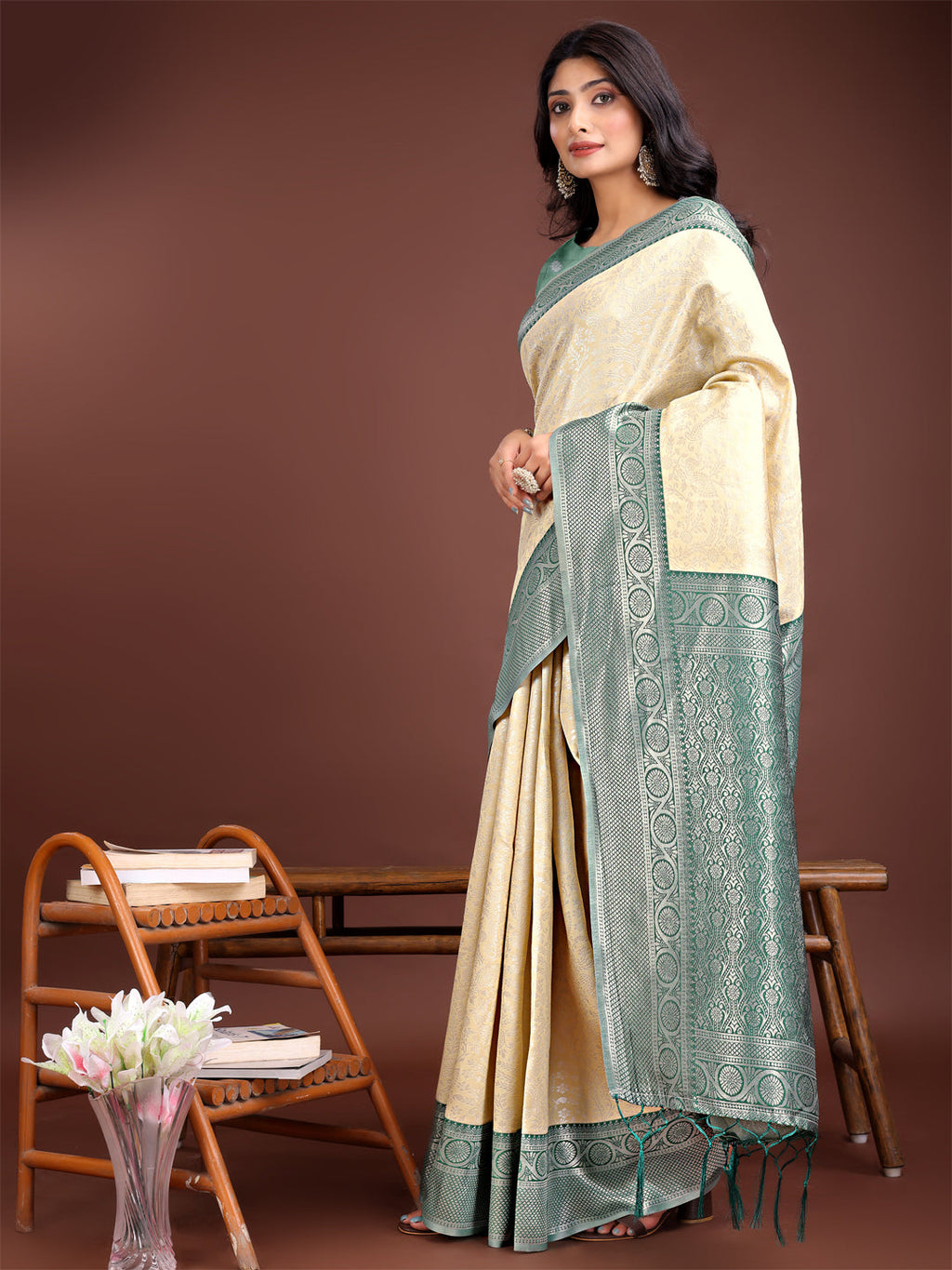 Cream and Green Banarasi Silk Saree with Zari Border