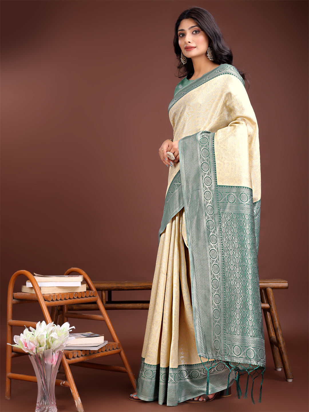 Cream and Green Banarasi Silk Saree with Zari Border