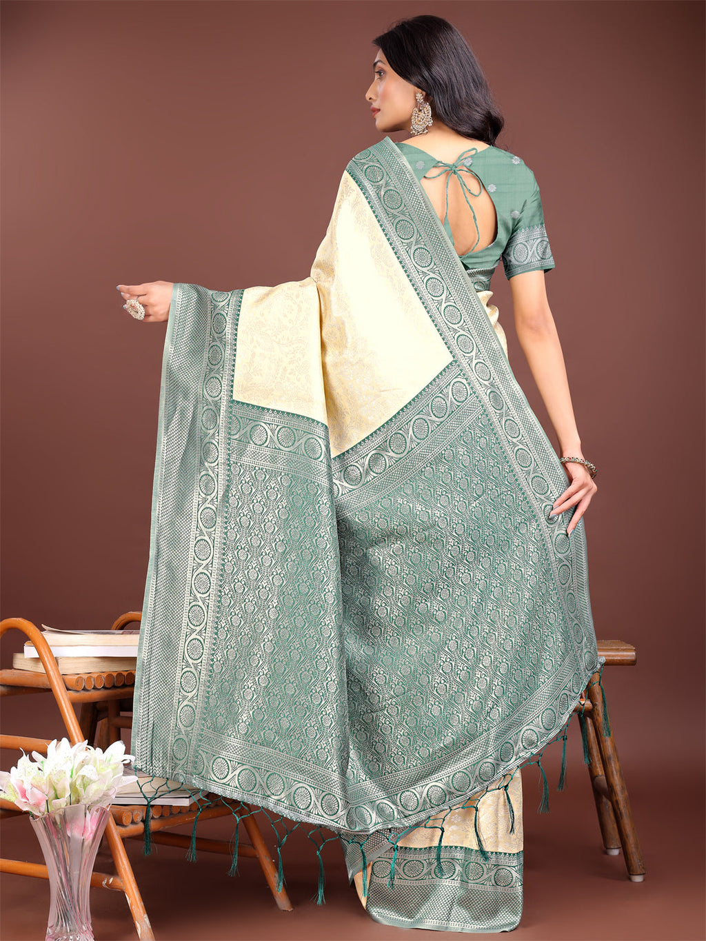 Cream and Green Banarasi Silk Saree with Zari Border