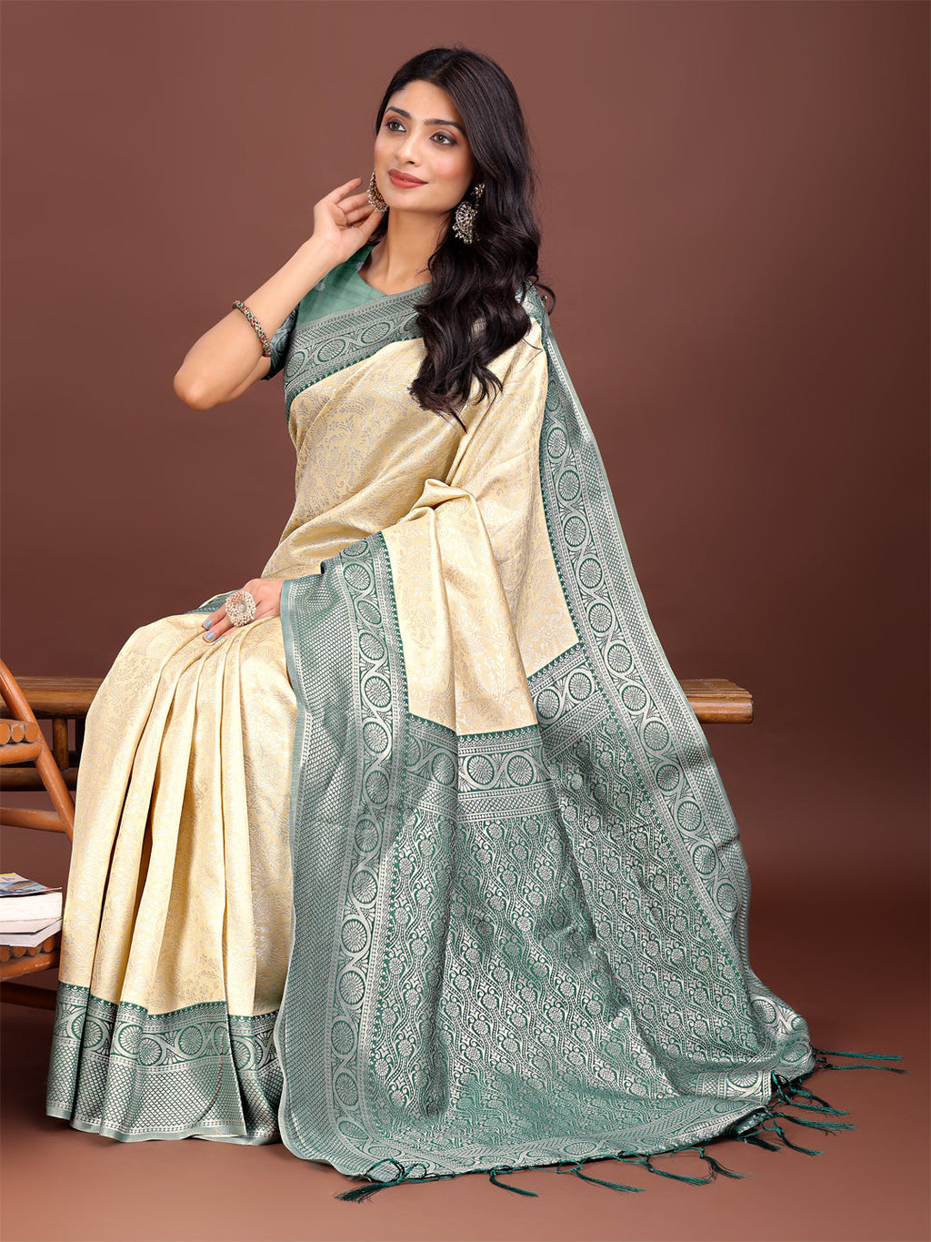Cream and Green Banarasi Silk Saree with Zari Border