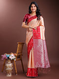 Orange Lichi silk saree with woven zari work and decorative tassels