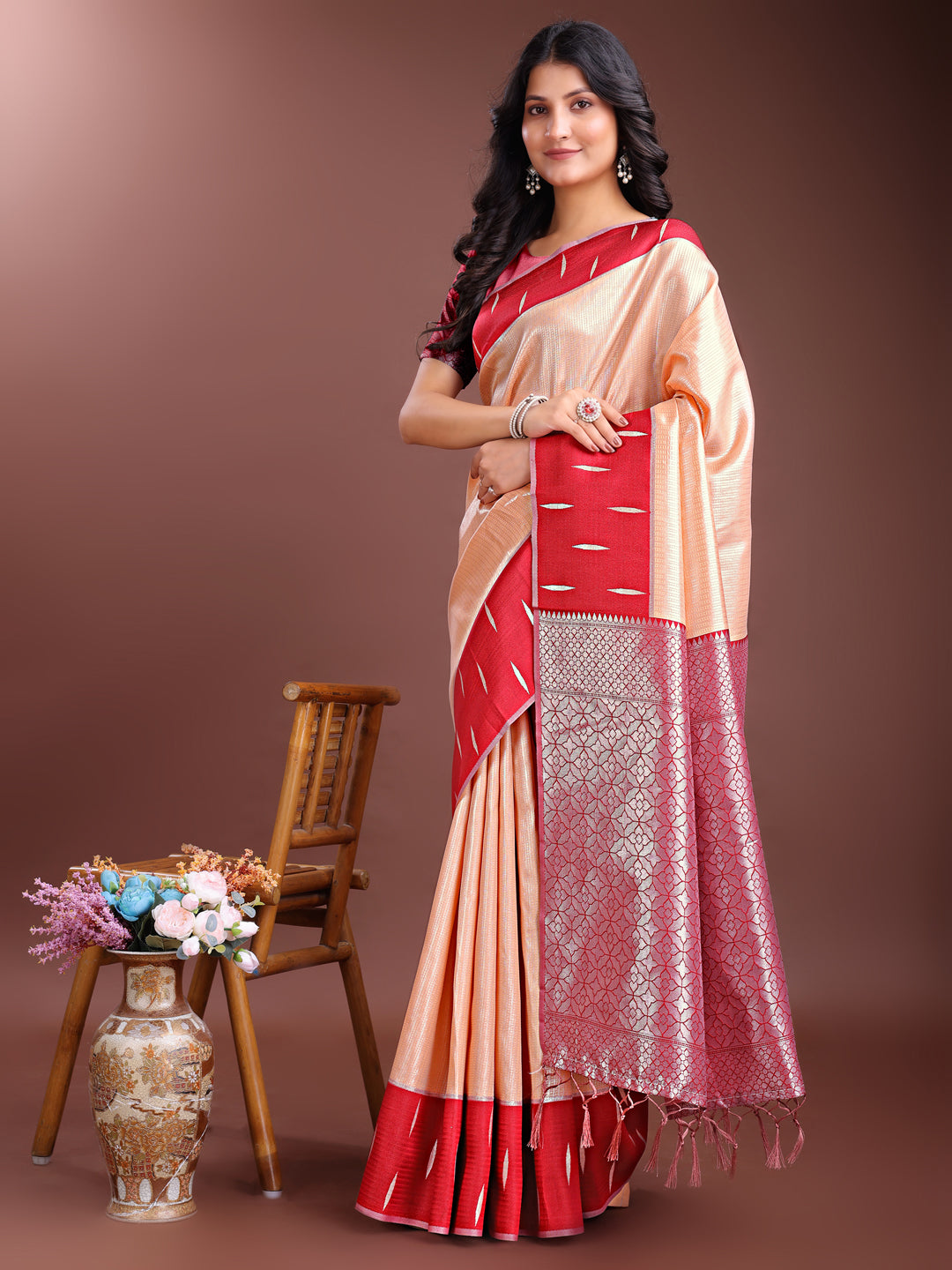 Orange Lichi Silk Woven Zari Work Saree with Tassels