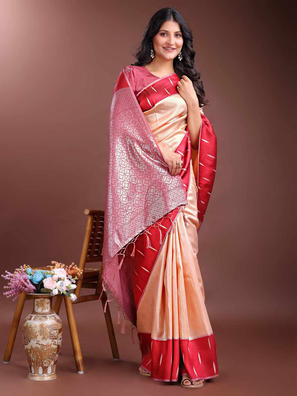 Orange Lichi Silk Woven Zari Work Saree with Tassels