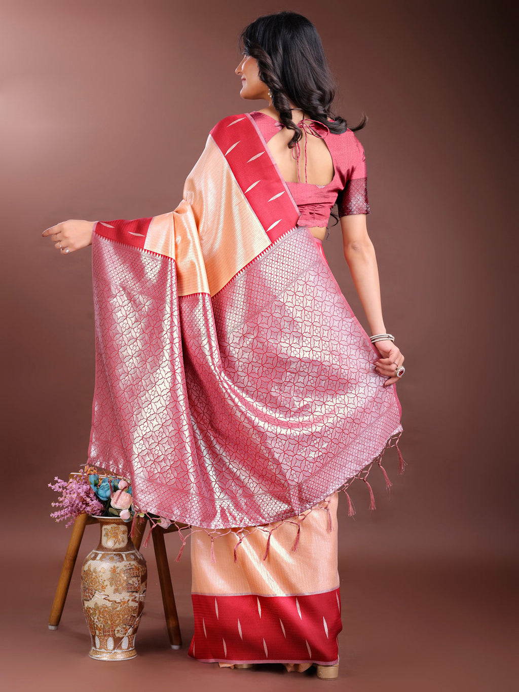 Orange Lichi Silk Woven Zari Work Saree with Tassels