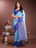 Sky Blue Lichi Silk saree with intricate gold woven Zari work and decorative tassels