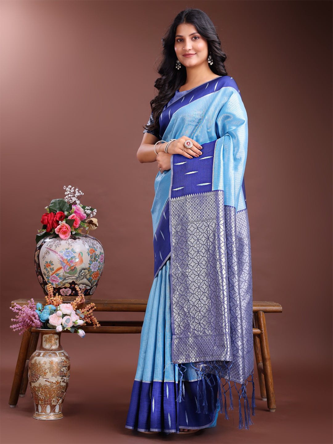 Sky Blue Lichi Silk Saree with Woven Zari and Tassel Details