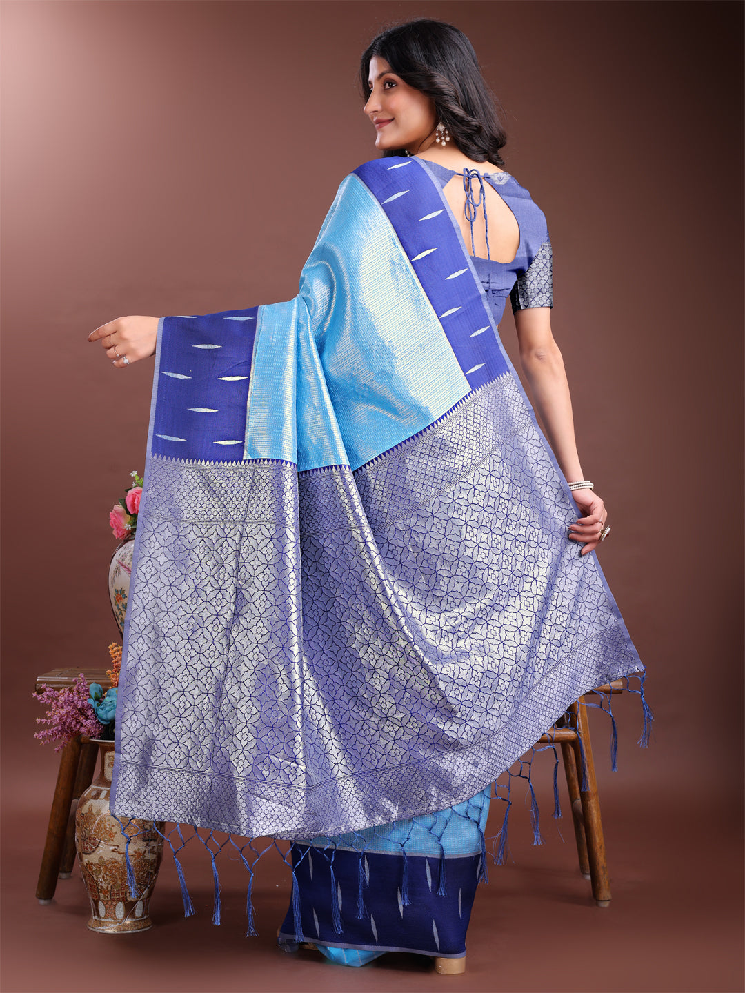 Sky Blue Lichi Silk Saree with Woven Zari and Tassel Details