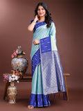 Sea Green Lichi Silk saree with detailed golden Zari work and pallu tassels.