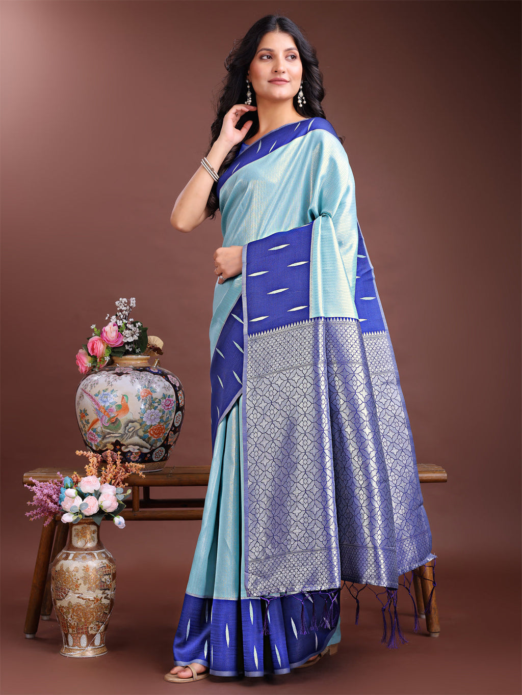 Sea Green Lichi Silk Traditional Saree with Woven Zari and Tassels