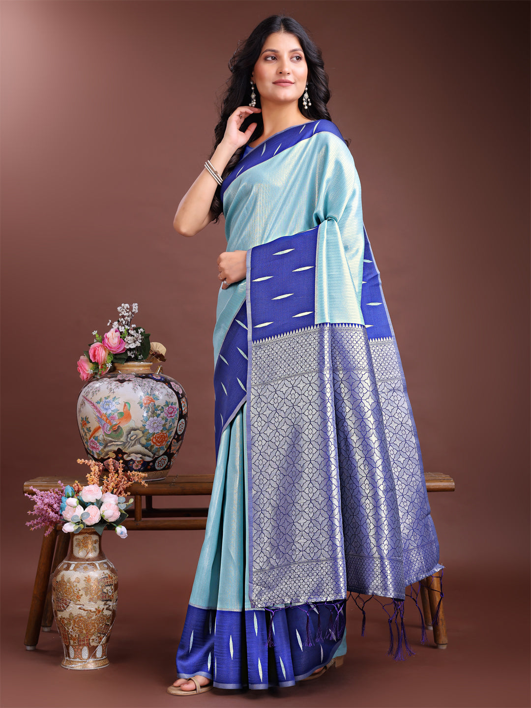 Sea Green Lichi Silk Traditional Saree with Woven Zari and Tassels