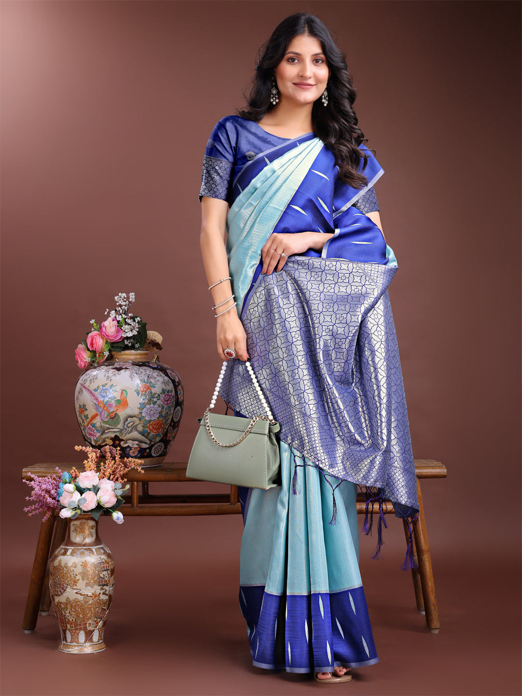 Sea Green Lichi Silk Traditional Saree with Woven Zari and Tassels