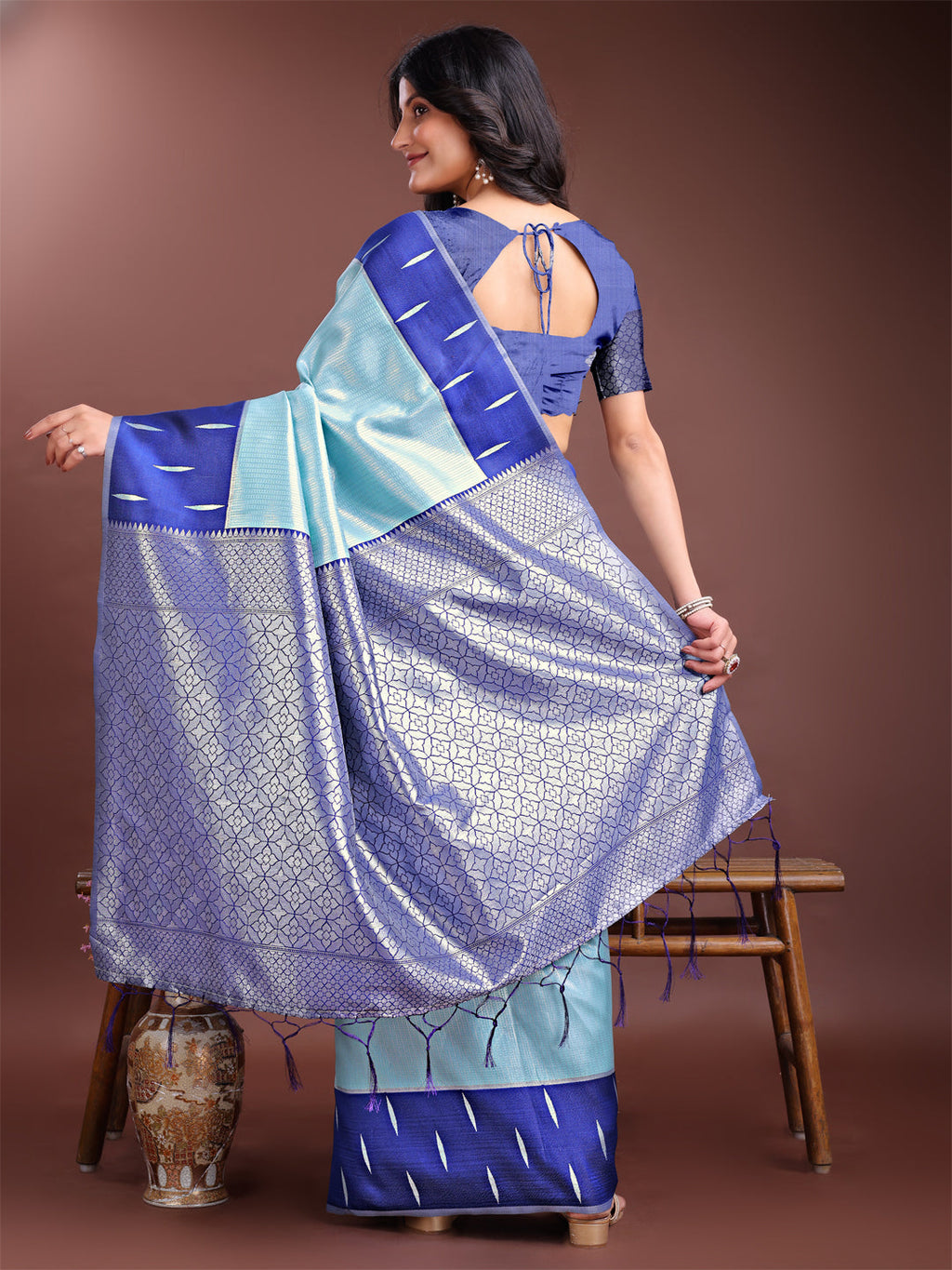 Sea Green Lichi Silk Traditional Saree with Woven Zari and Tassels