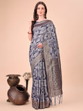 Navy Blue cotton silk saree with detailed floral patterns and rich pallu