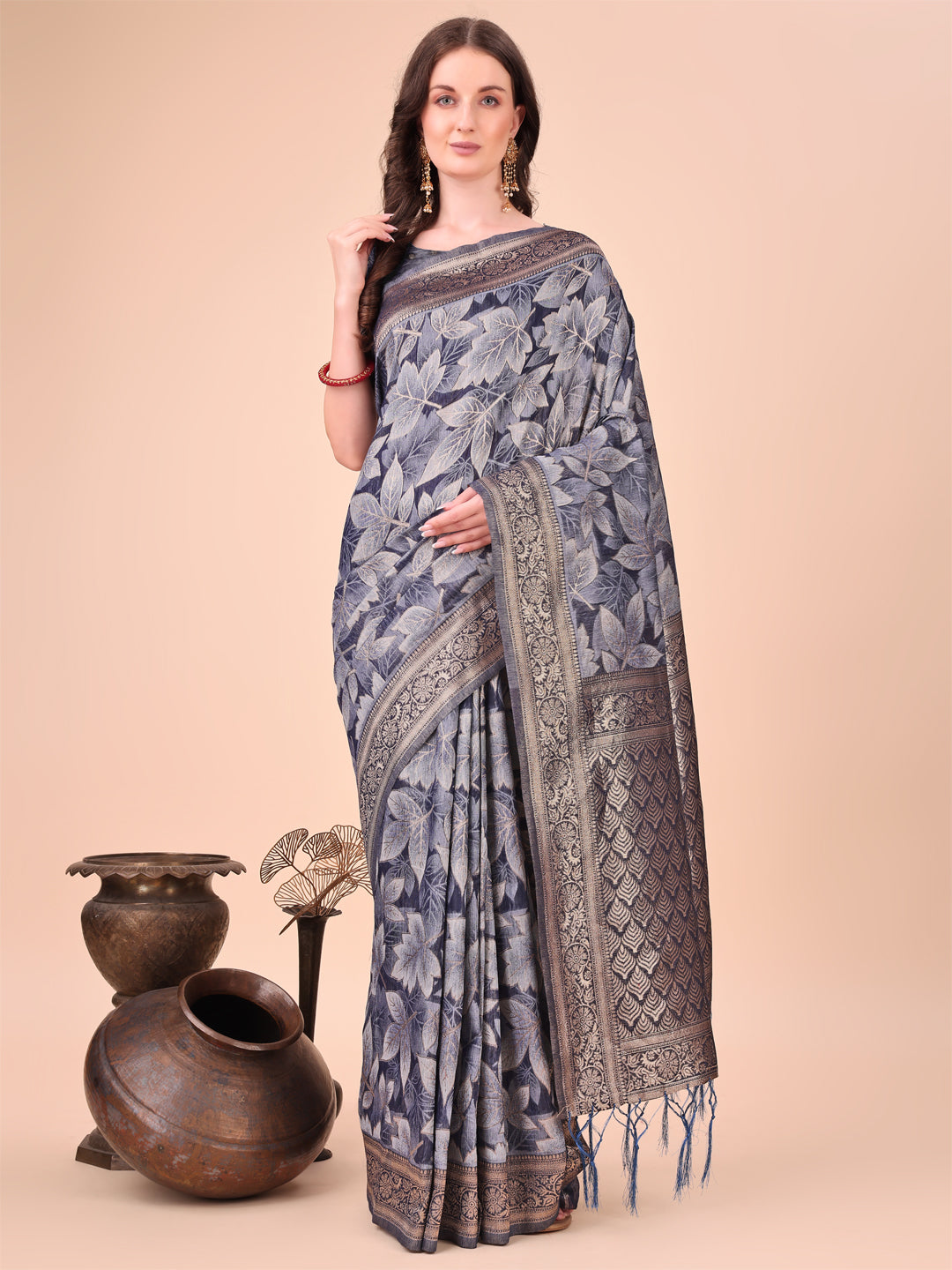 Navy Blue cotton silk saree with detailed floral patterns and rich pallu