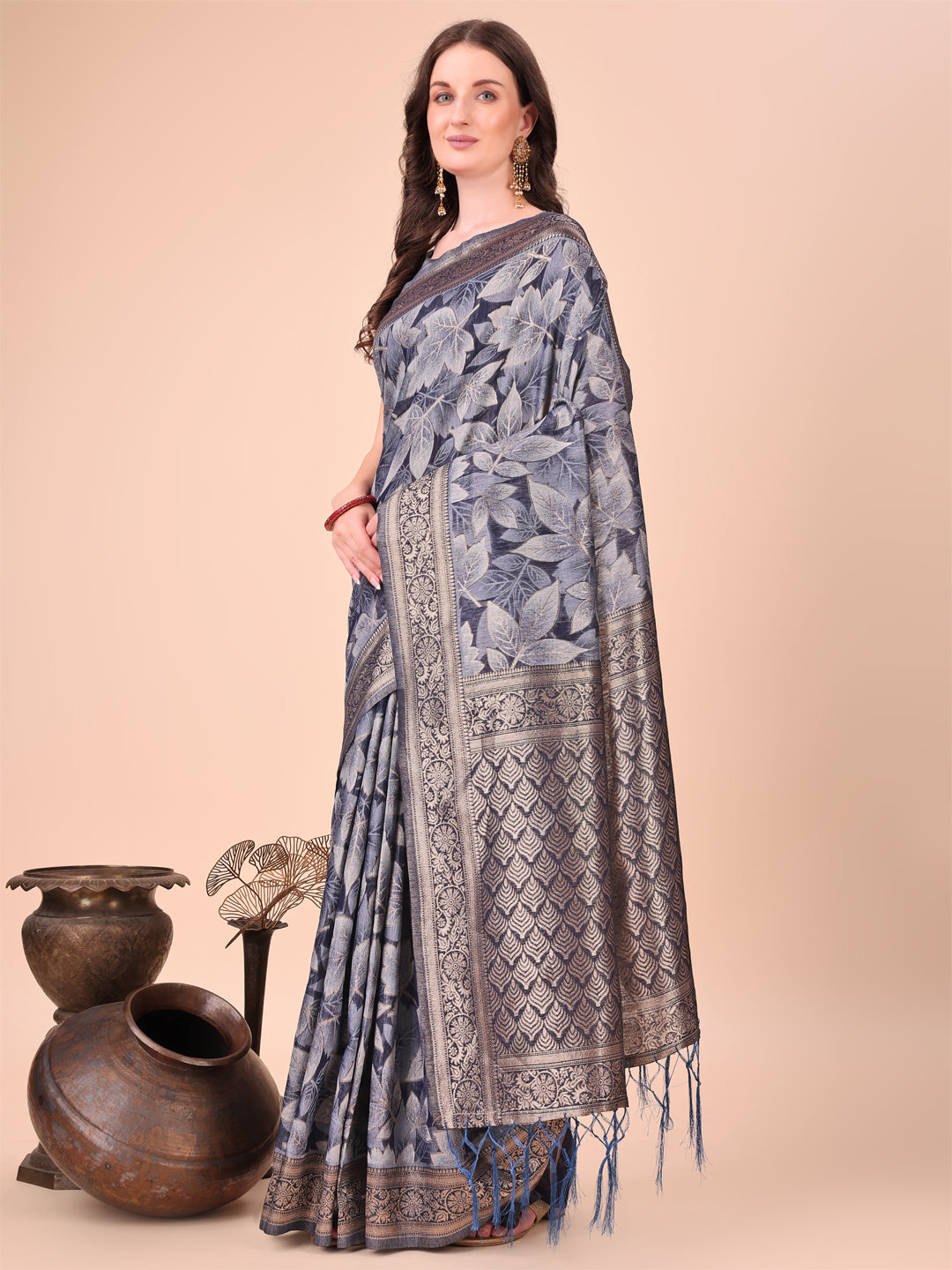 Navy Blue Cotton Silk Saree with Floral Design & Rich Pallu
