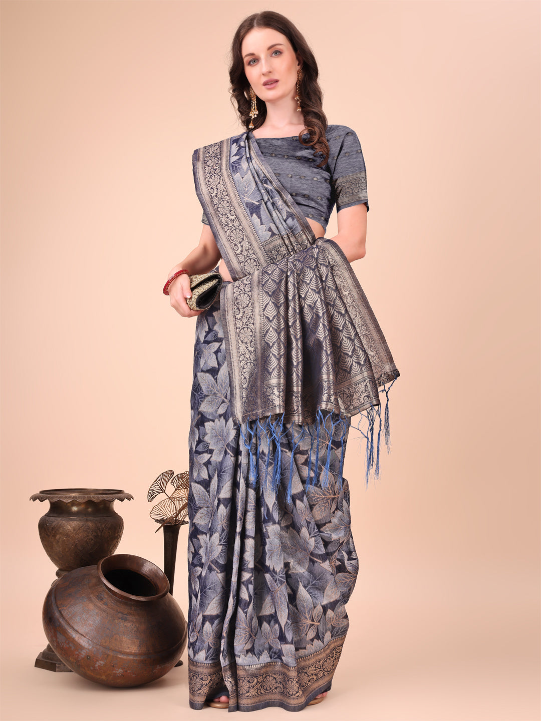 Navy Blue Cotton Silk Saree with Floral Design & Rich Pallu