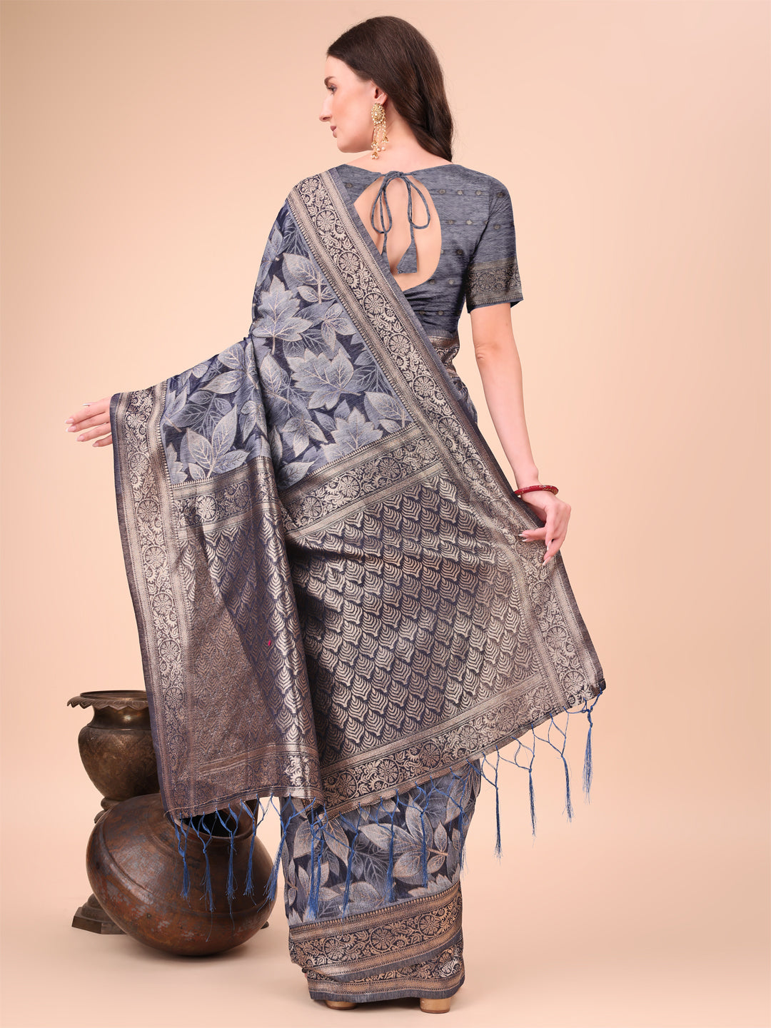 Navy Blue Cotton Silk Saree with Floral Design & Rich Pallu