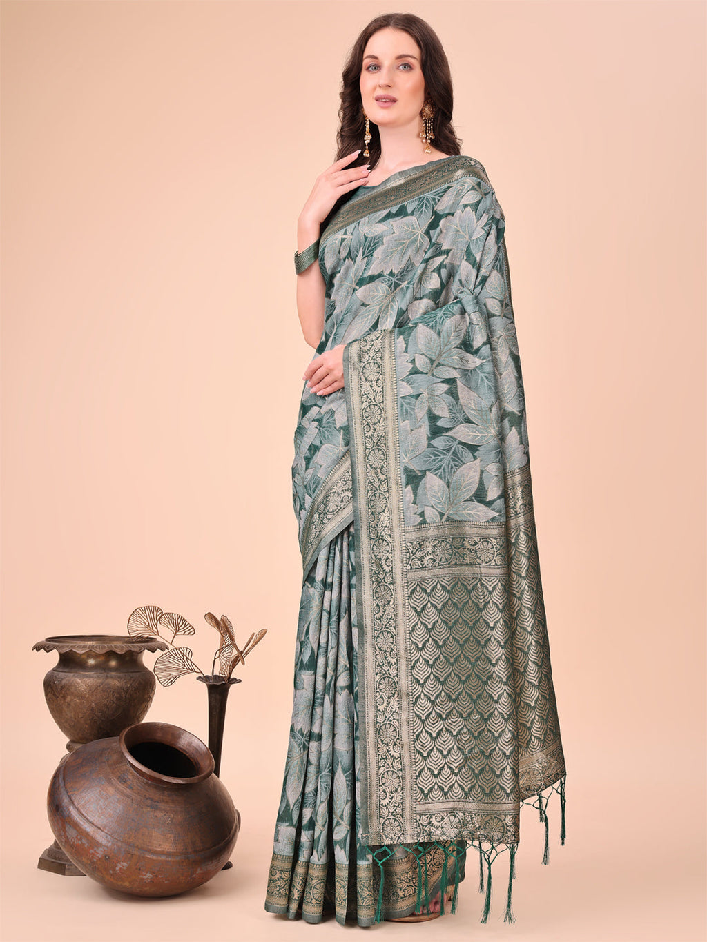 Green Cotton Silk Saree with Floral Design & Rich Pallu