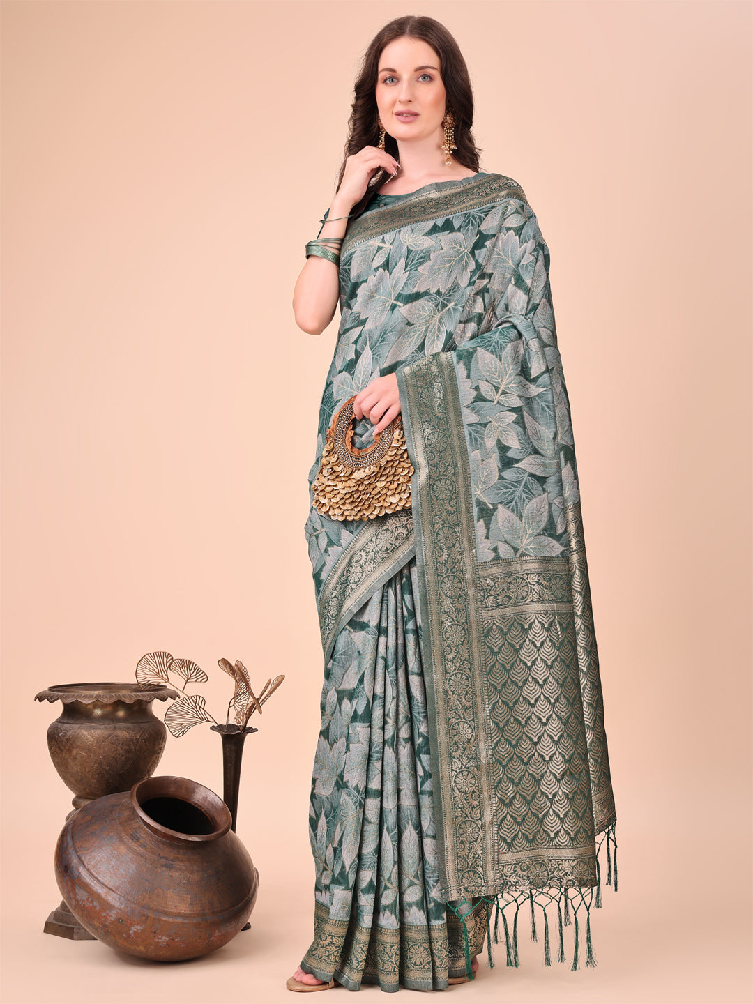 Green Cotton Silk Saree with Floral Design & Rich Pallu