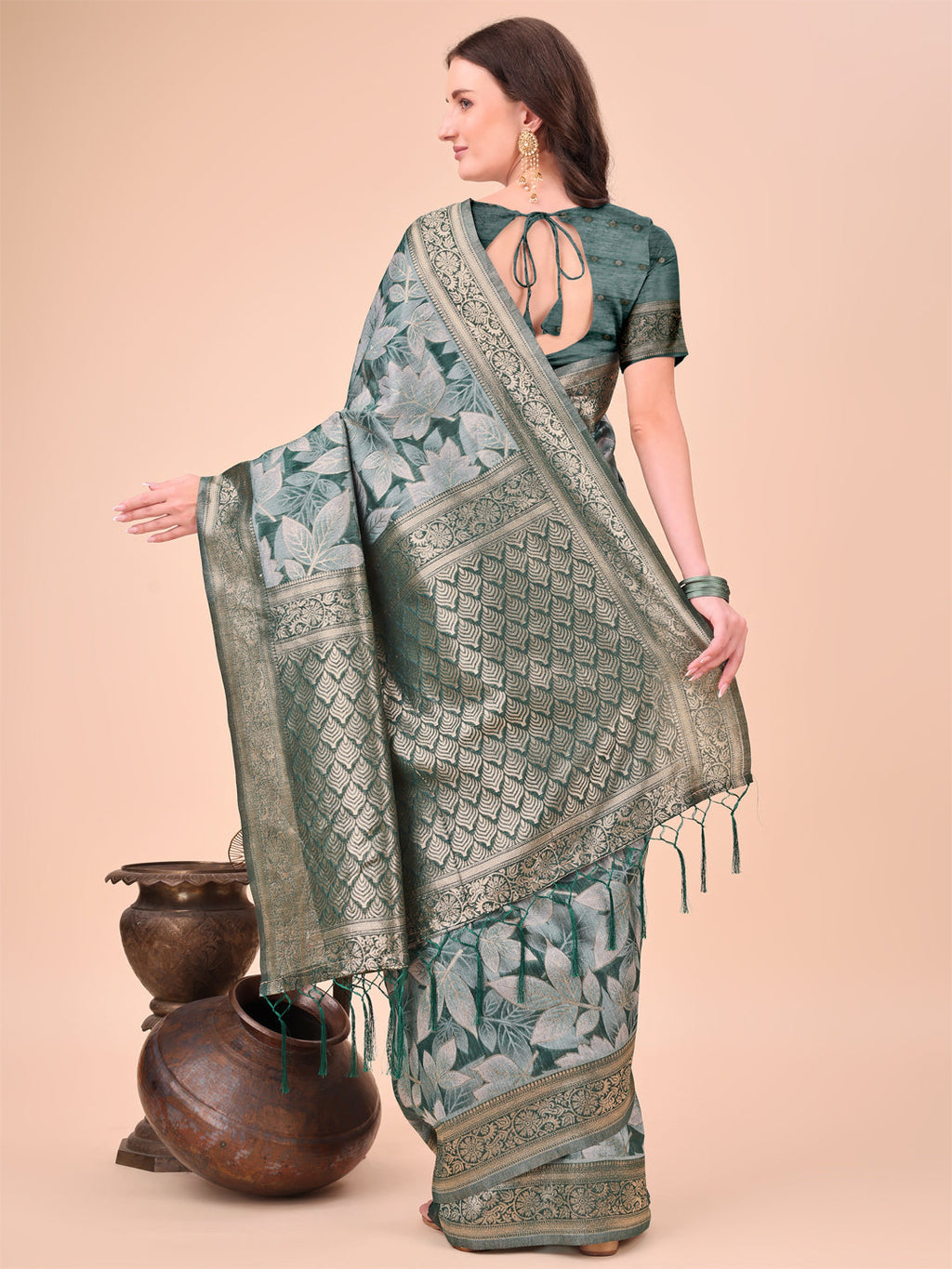 Green Cotton Silk Saree with Floral Design & Rich Pallu