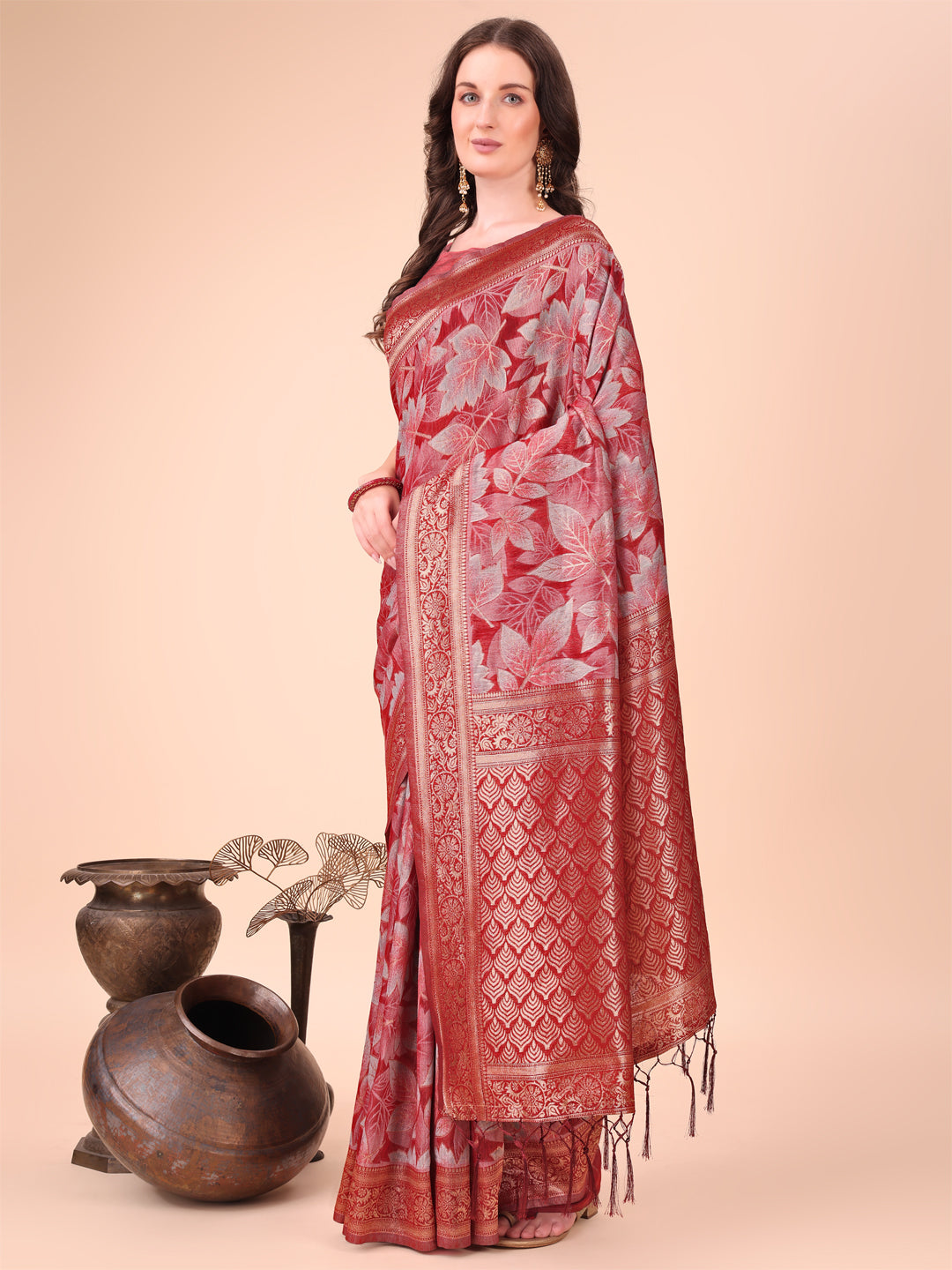 Elegant Red Cotton Silk Saree with Floral Design and Rich Pallu