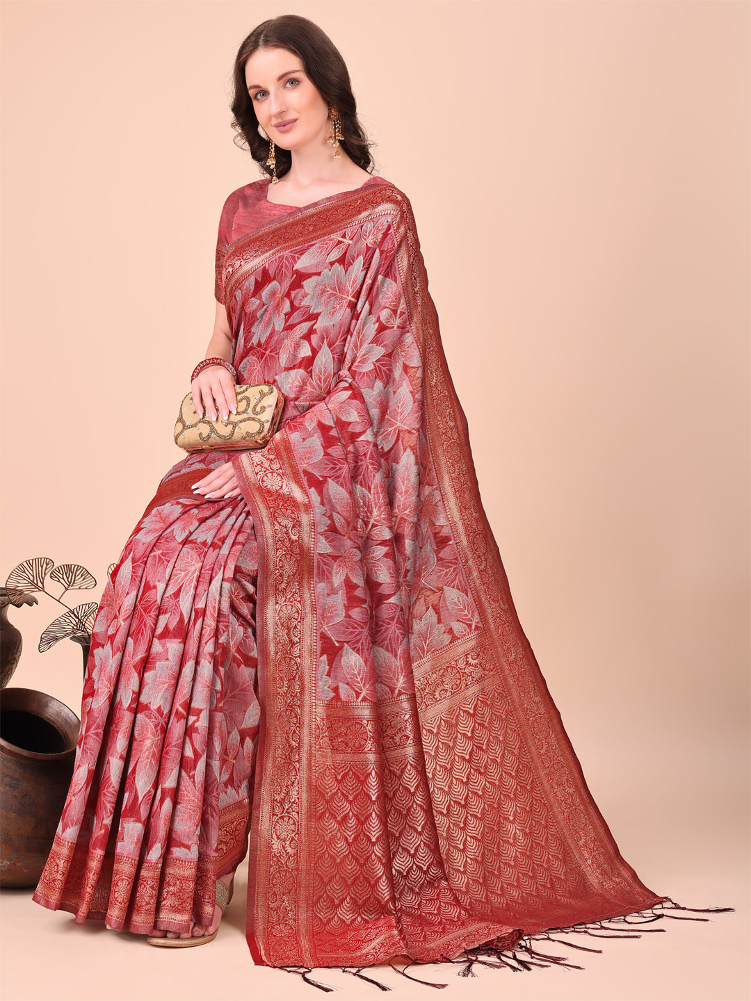 Elegant Red Cotton Silk Saree with Floral Design and Rich Pallu