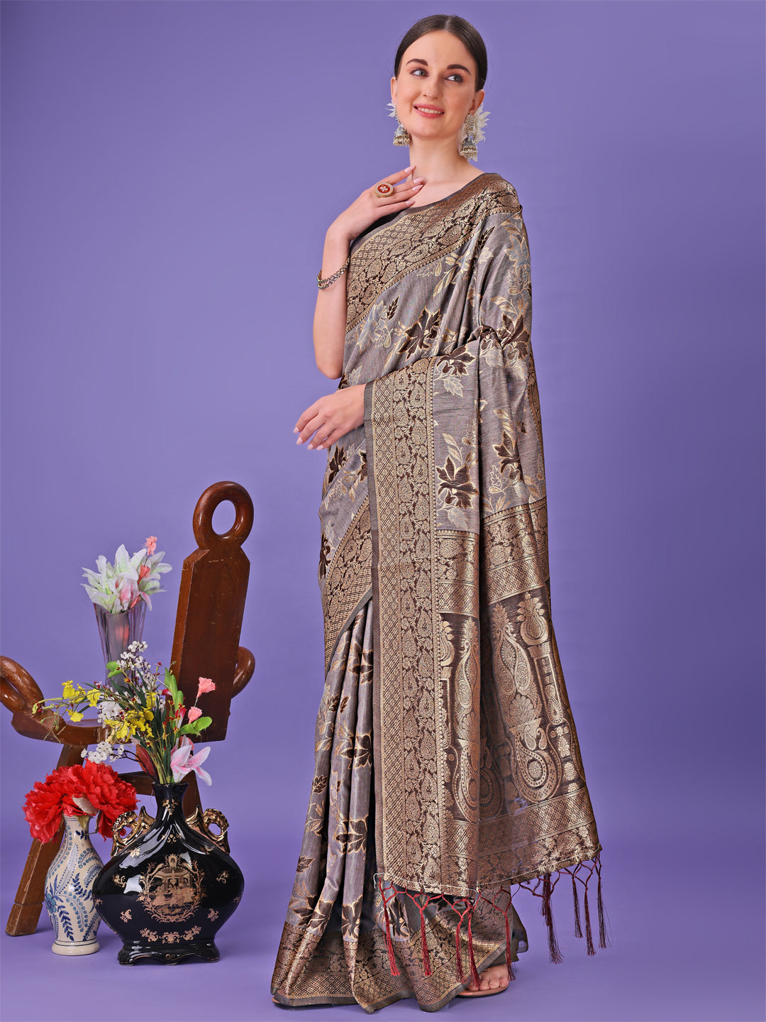 Grey Floral Lichi Silk Saree with Zari Weaving and Rich Pallu