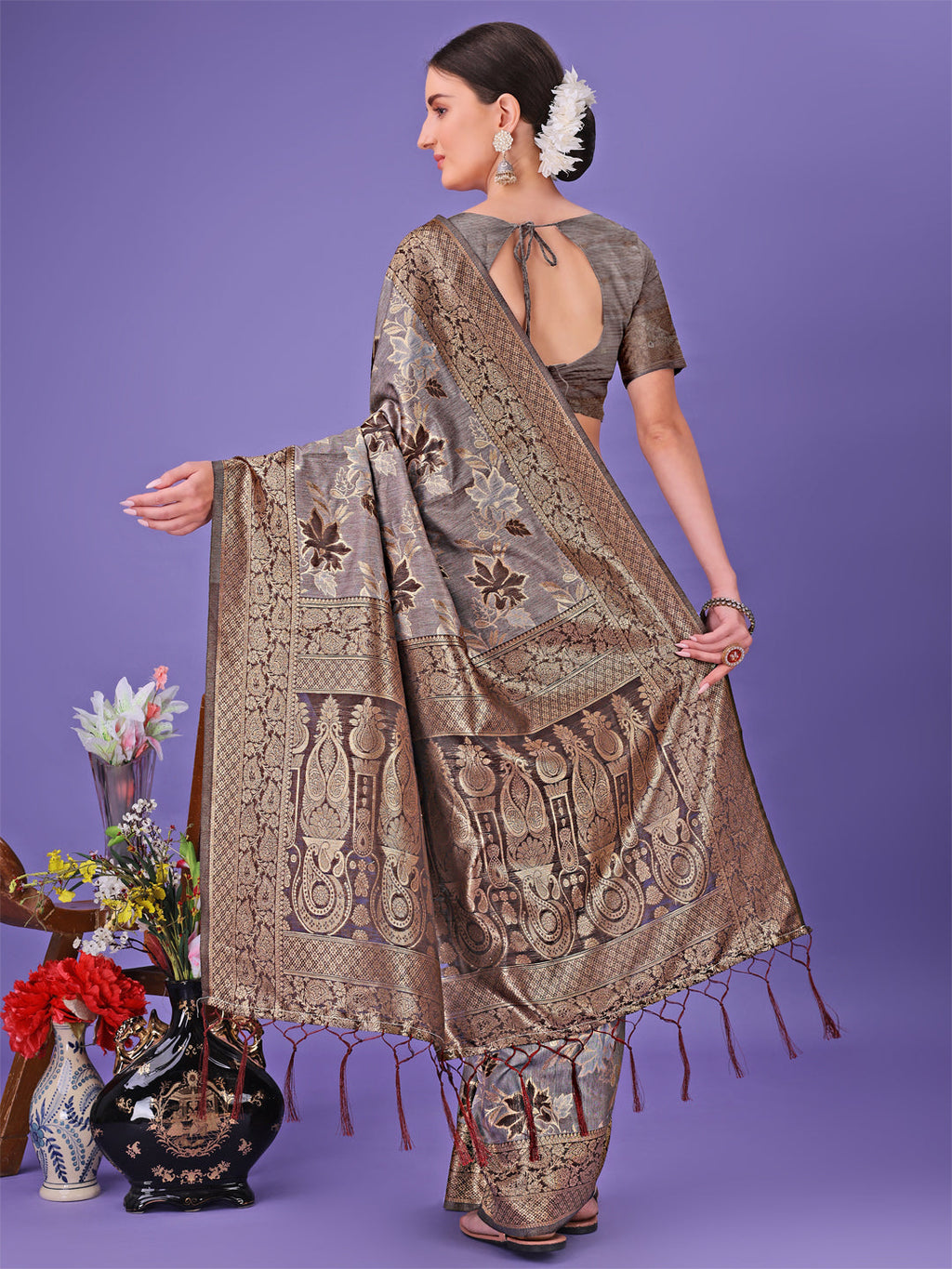 Grey Floral Lichi Silk Saree with Zari Weaving and Rich Pallu