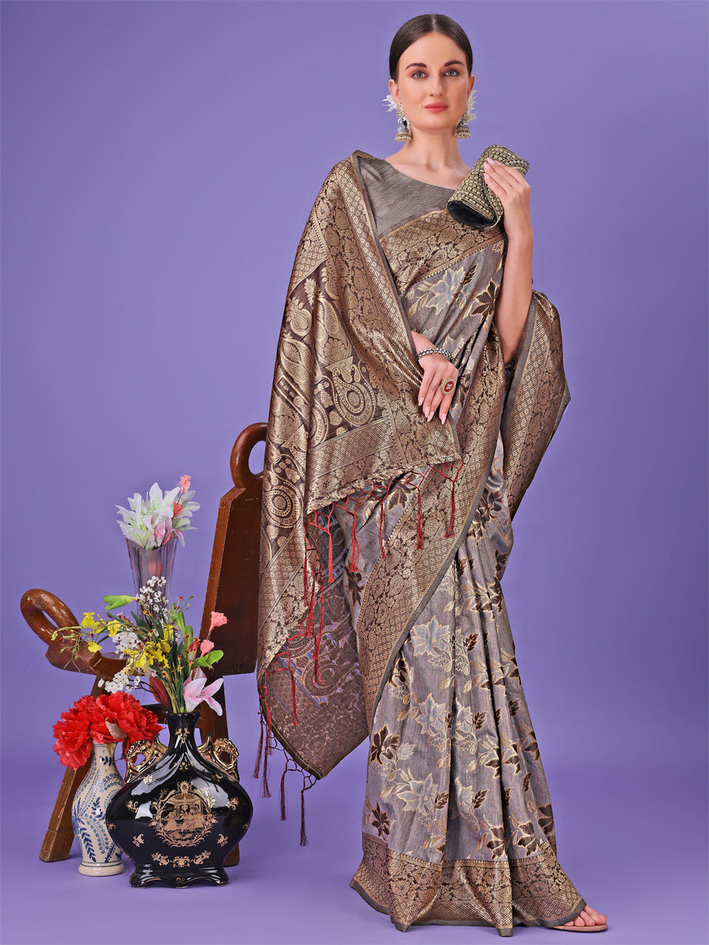 Grey Floral Lichi Silk Saree with Zari Weaving and Rich Pallu