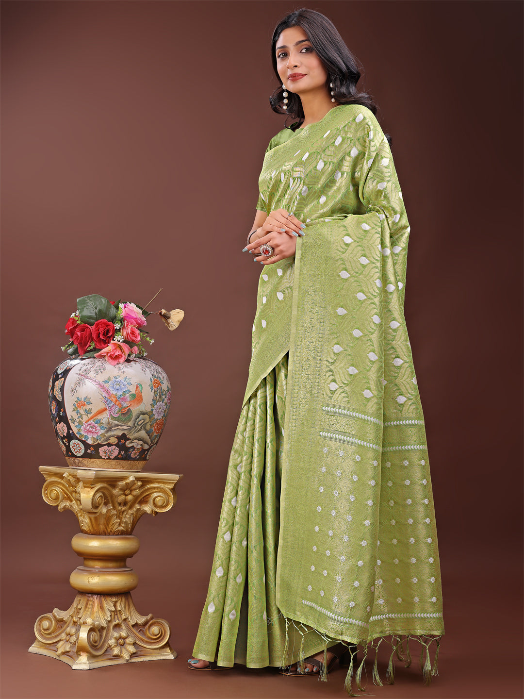 Light Green Linen Saree with Silver Zari Butta and Woven Pallu