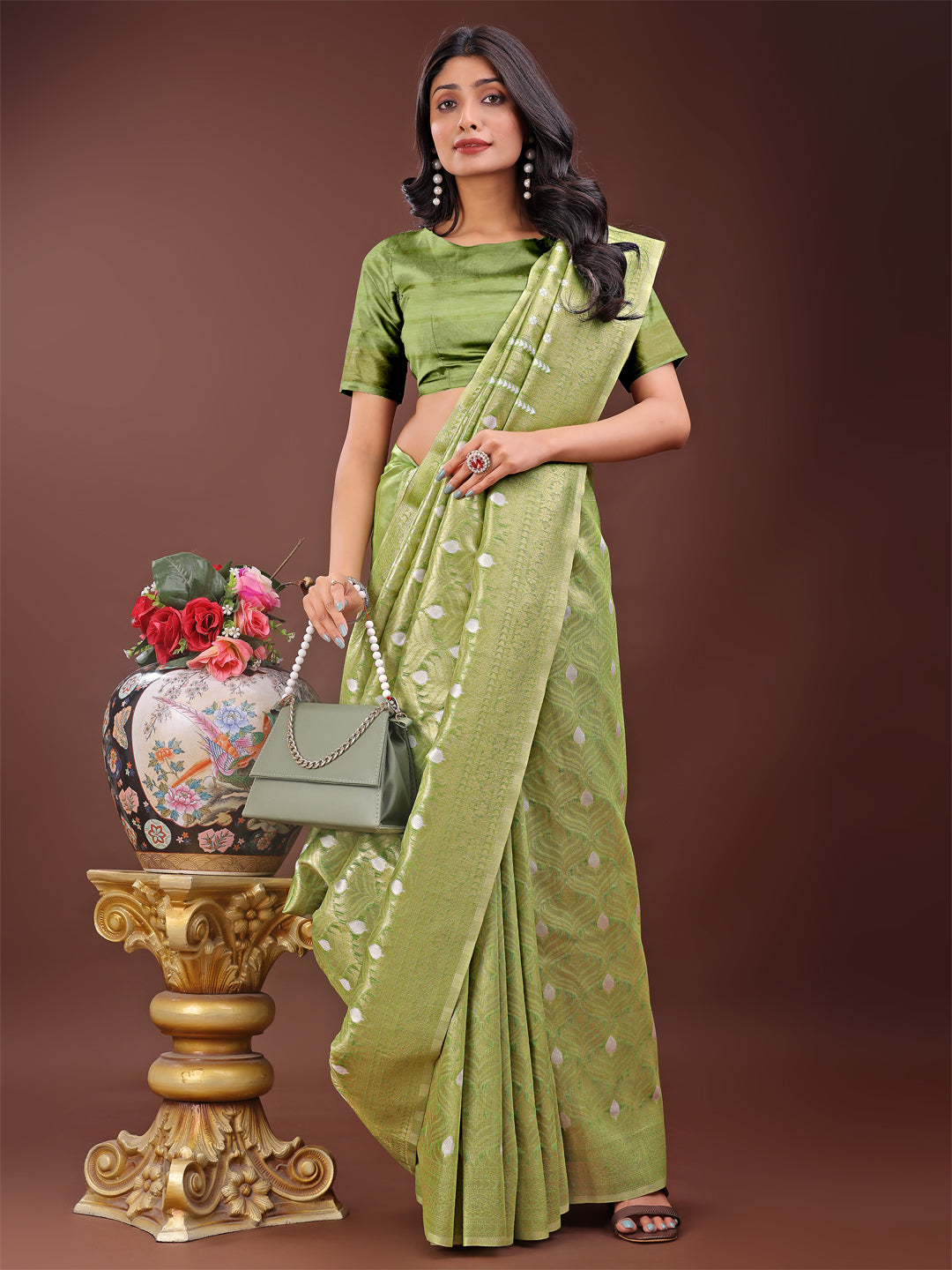 Light Green Linen Saree with Silver Zari Butta and Woven Pallu