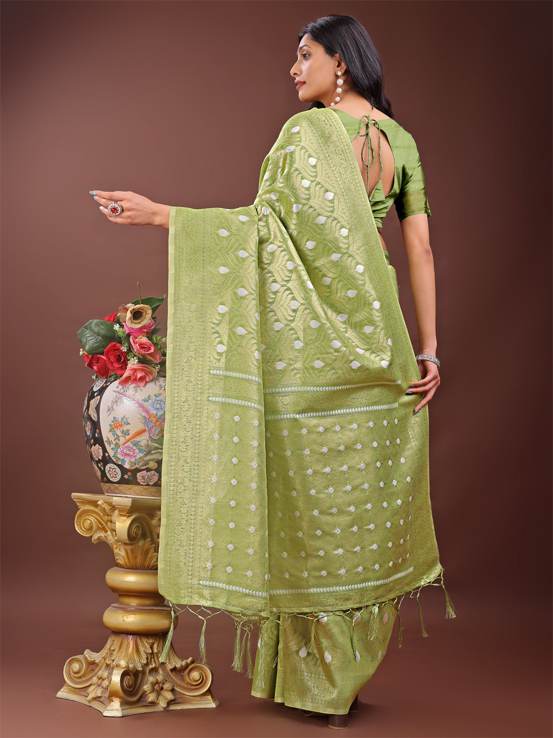 Light Green Linen Saree with Silver Zari Butta and Woven Pallu