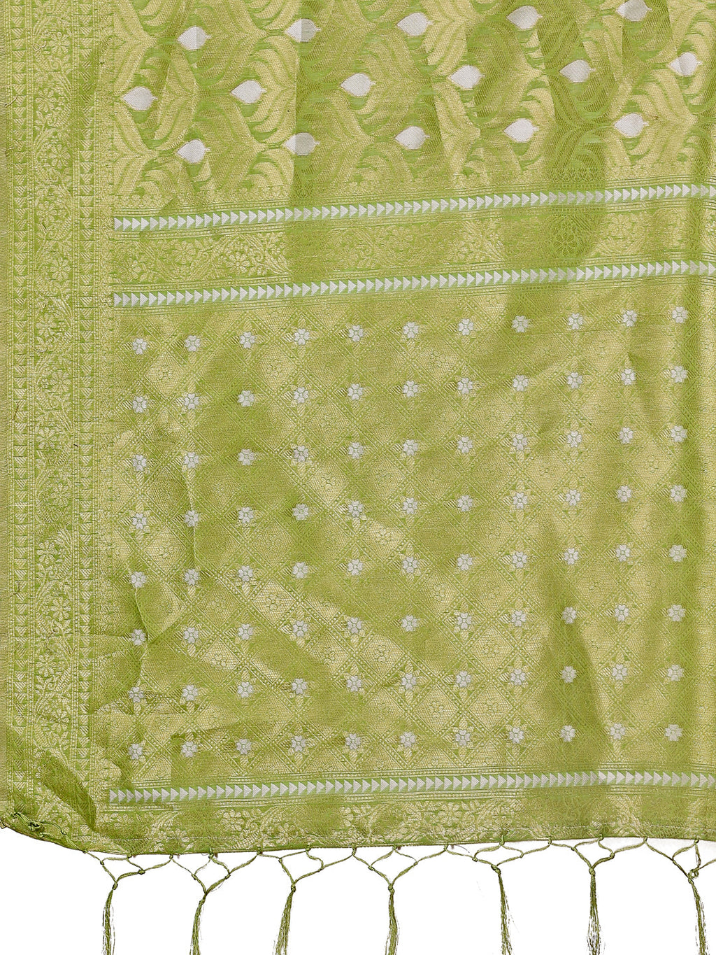 Light Green Linen Saree with Silver Zari Butta and Woven Pallu