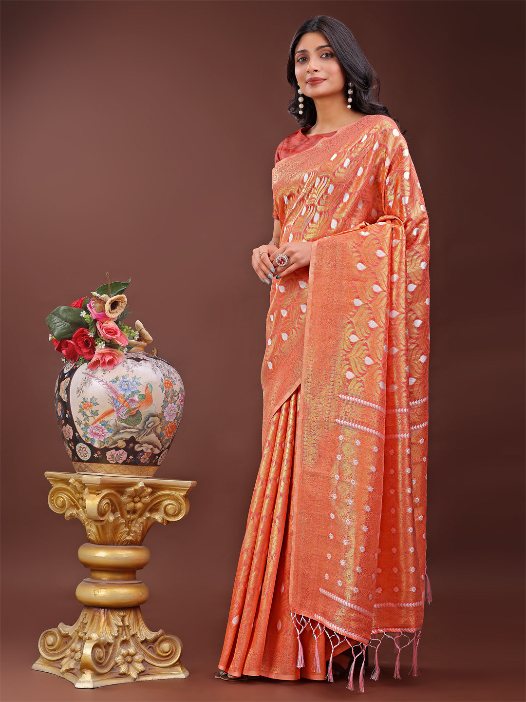 Orange Linen Saree with Silver Zari Butta & Pallu