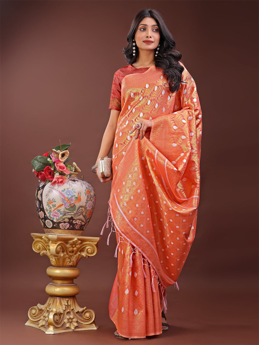 Orange Linen Saree with Silver Zari Butta & Pallu