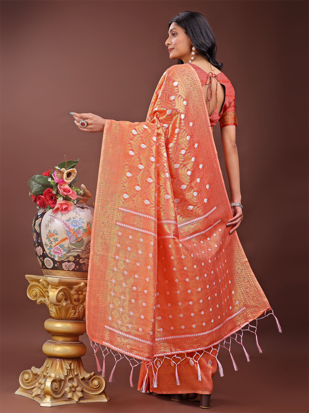 Orange Linen Saree with Silver Zari Butta & Pallu