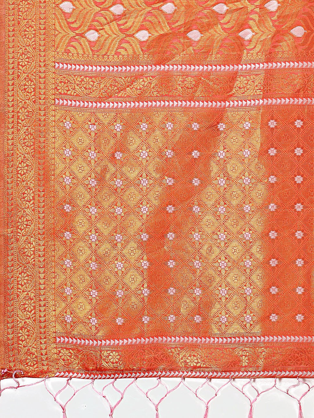 Orange Linen Saree with Silver Zari Butta & Pallu
