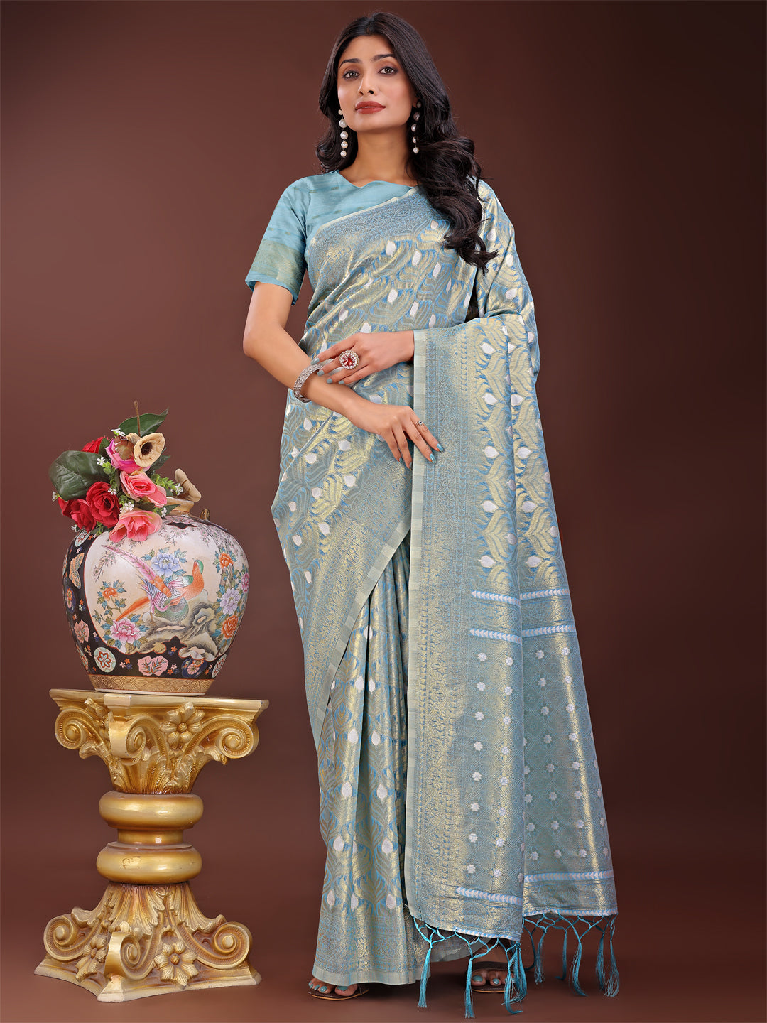 Sky Blue Linen Saree with Silver Zari Butta and Woven Pallu