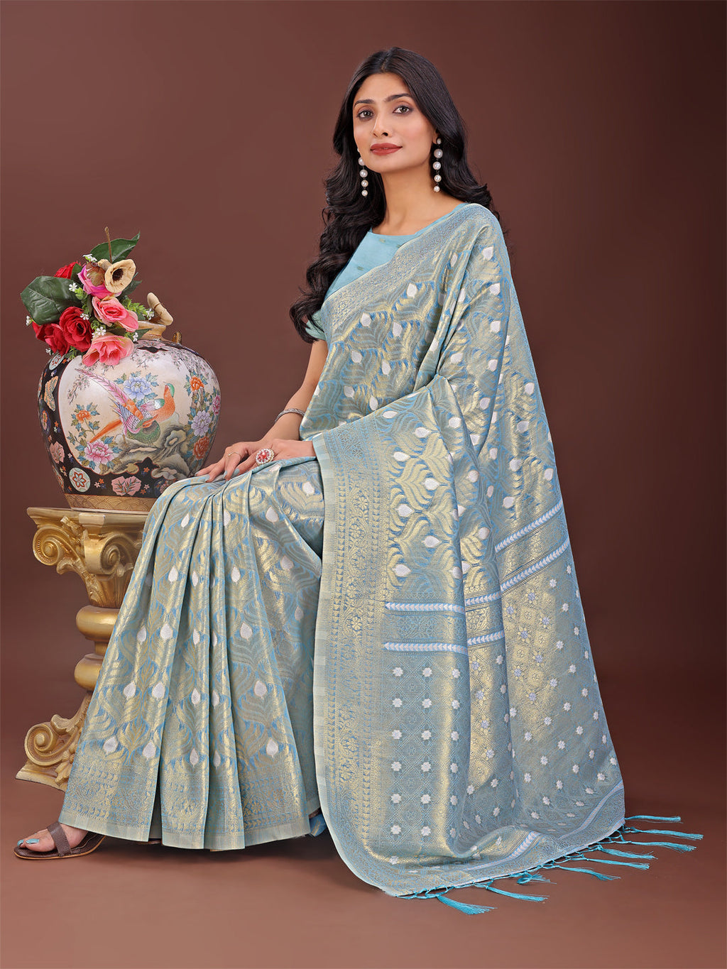 Sky Blue Linen Saree with Silver Zari Butta and Woven Pallu