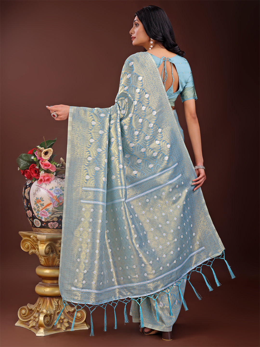 Sky Blue Linen Saree with Silver Zari Butta and Woven Pallu