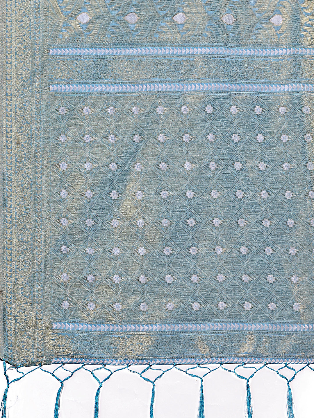 Sky Blue Linen Saree with Silver Zari Butta and Woven Pallu